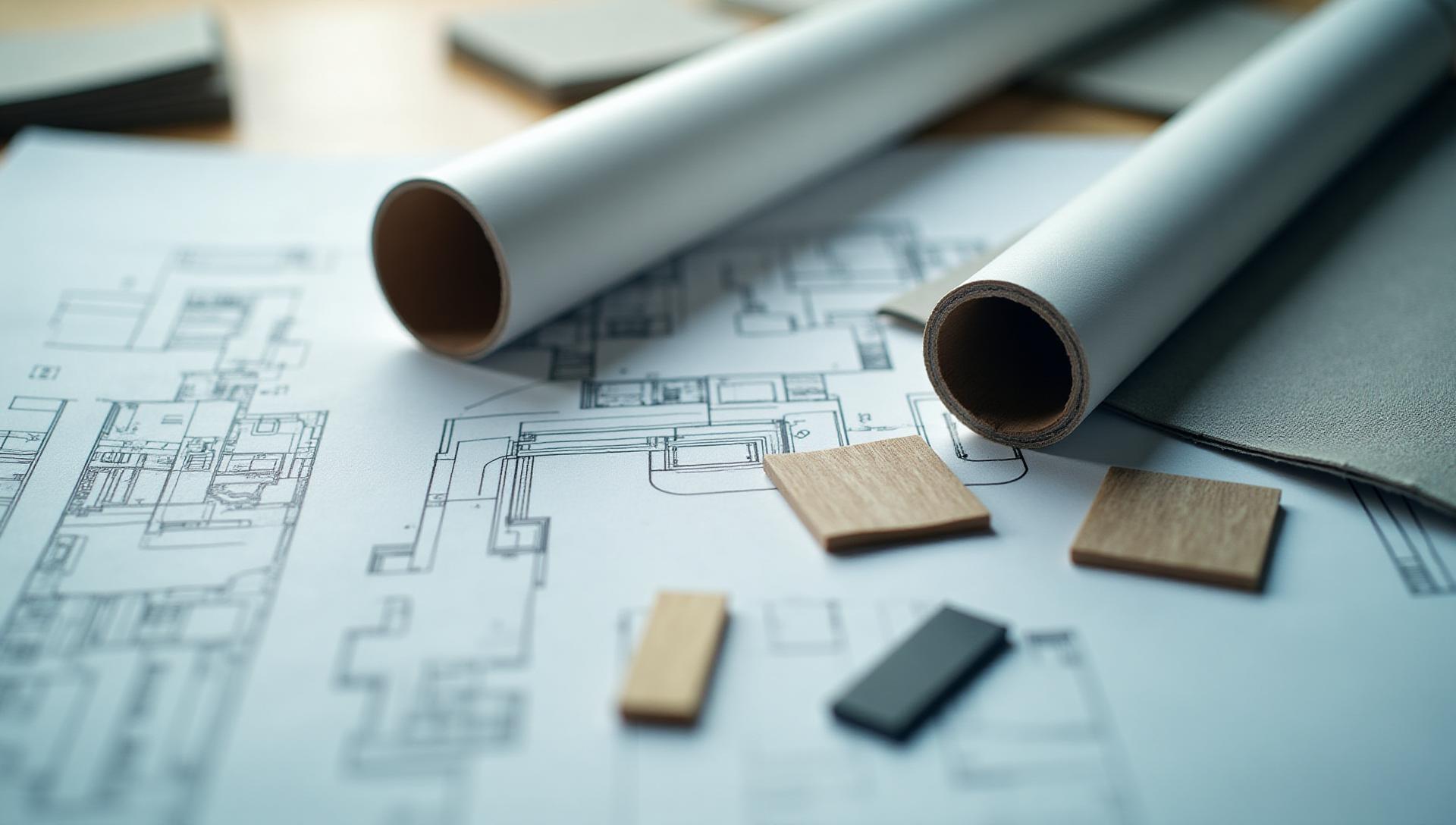Construction project planning and documentation workspace showing architectural plans and materials in London