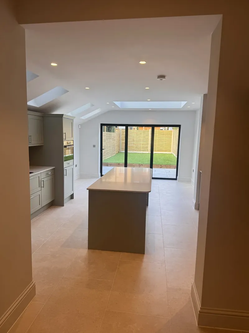 Completed open-plan kitchen and rear extension in a whole-house renovation in Wimbledon SW19